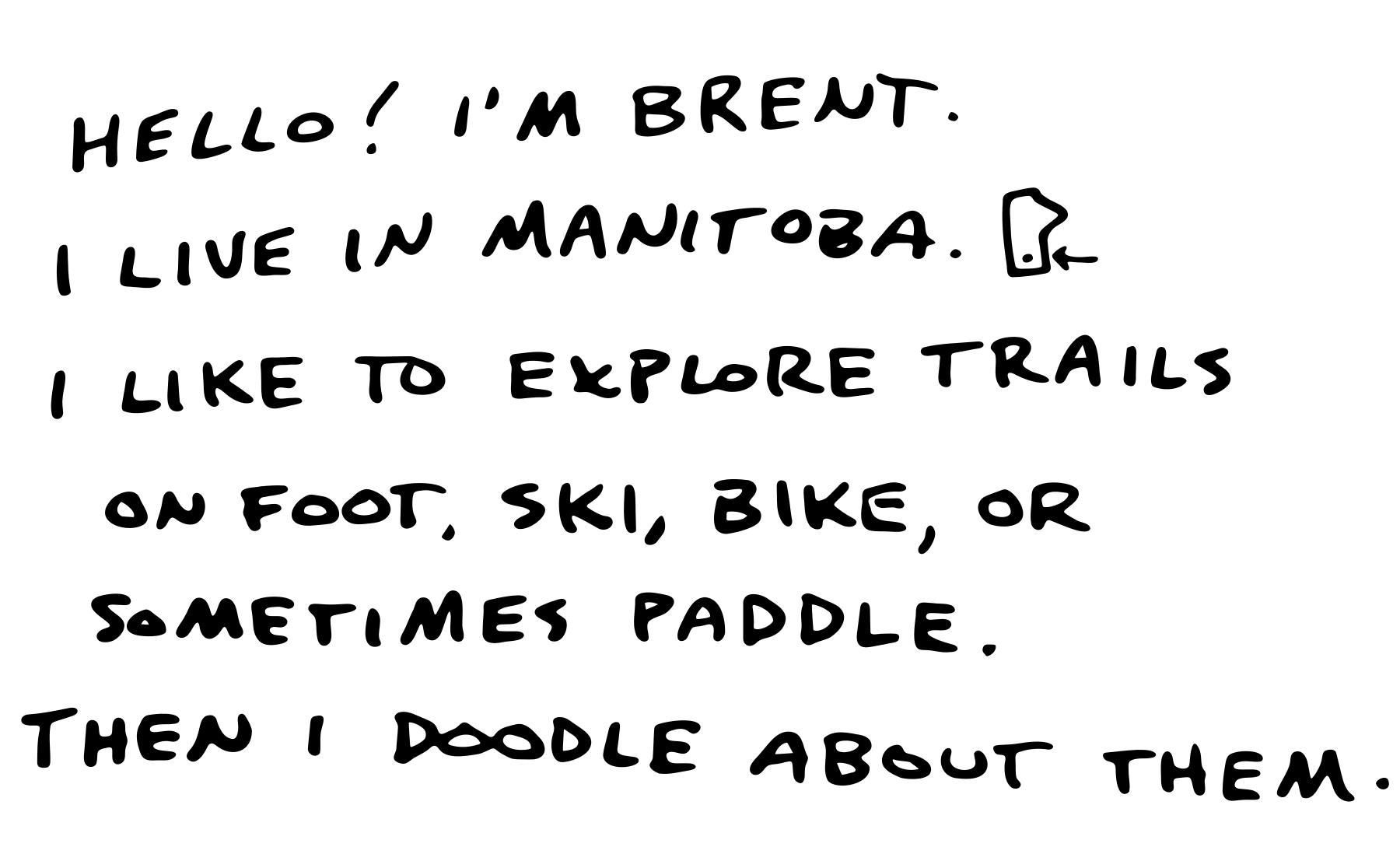 Hello! I’m Brent. I live in Manitoba. I like to explore trails on foot, ski, bike, or sometimes paddle. Then I doodle about them.